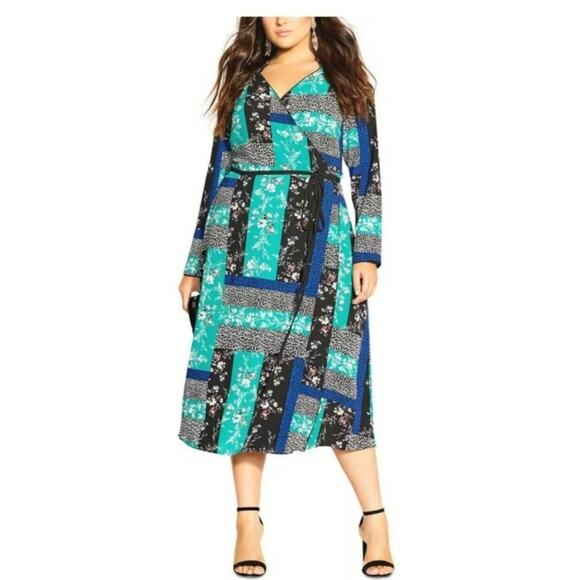 NWT City Chic Bright Patchwork‎ Midi Wrap Dress Size 20 Mixed Media Boho Artsy - Picture 1 of 8